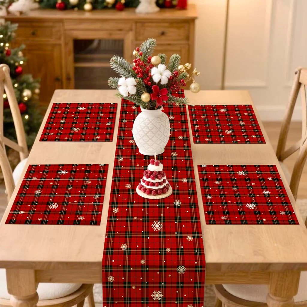 Decoração de ano novo corredor de mesa escocês toalha de mesa de isolamento atmosfera vermelha mesa de café tapete cena