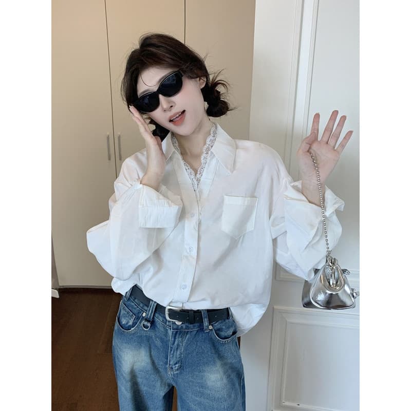 Design renda costura camisa branca feminina primavera solta camisa Casual chique francês manga longa topo