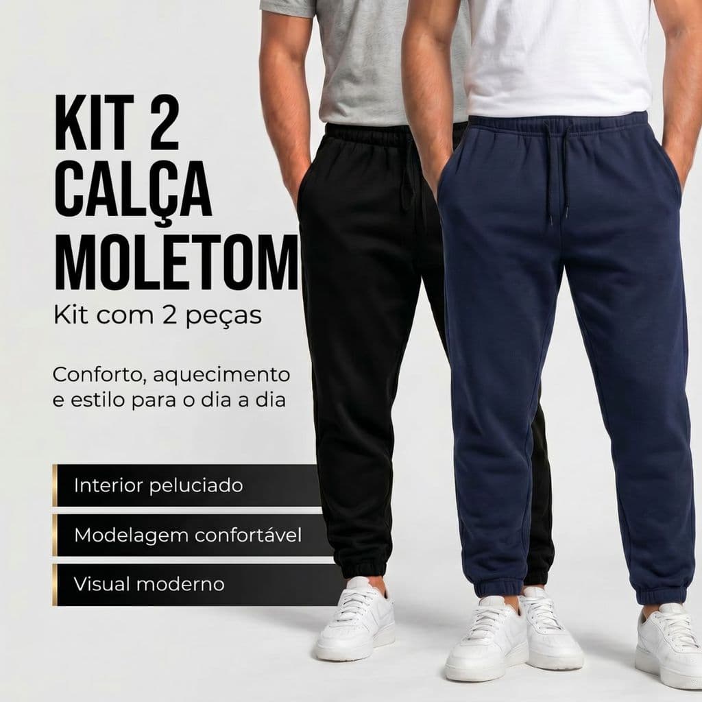 Kit 2 Calça Moletom Peluciada Masculina Para Frio Inverno Com Bolso Lateral E Cordão Ajustável