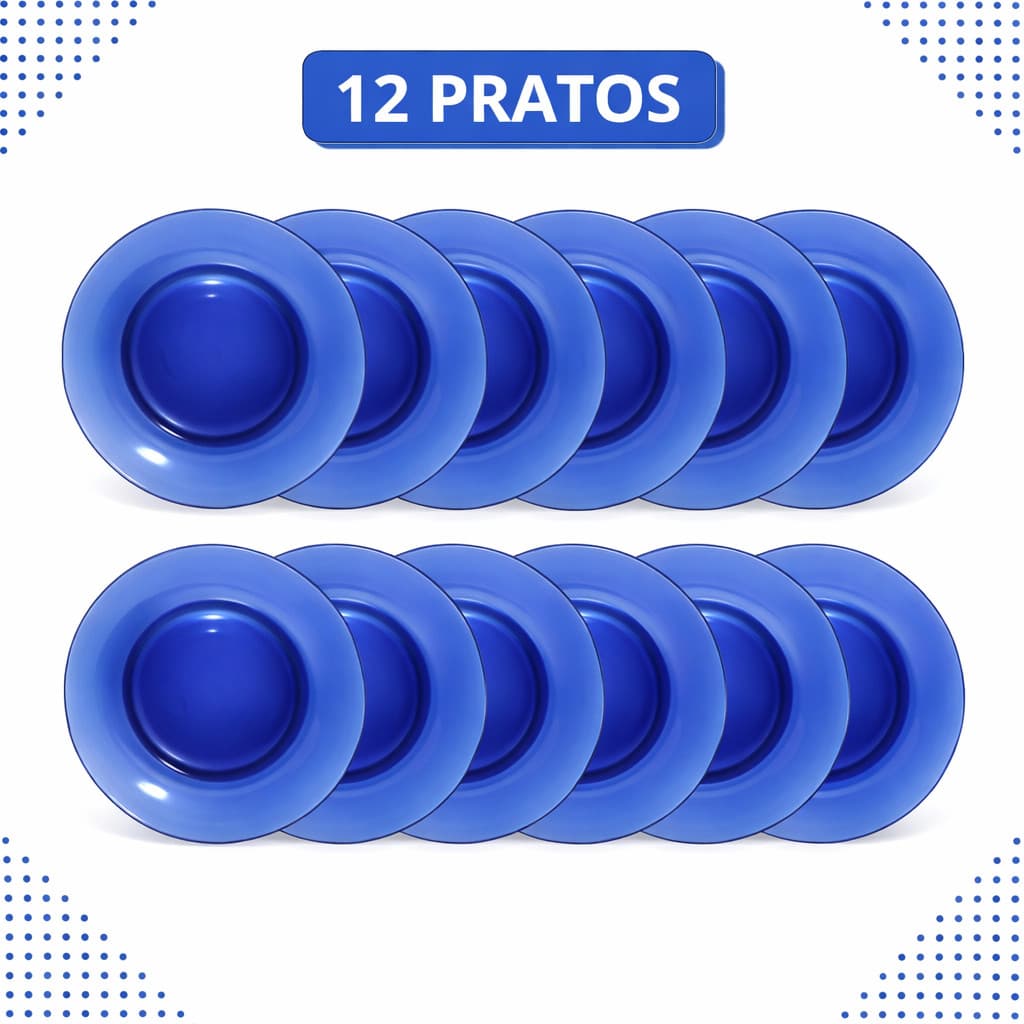 Kit 12 Pratos Fundos de Vidro Azul 22,6cm | Resistentes e Elegantes
