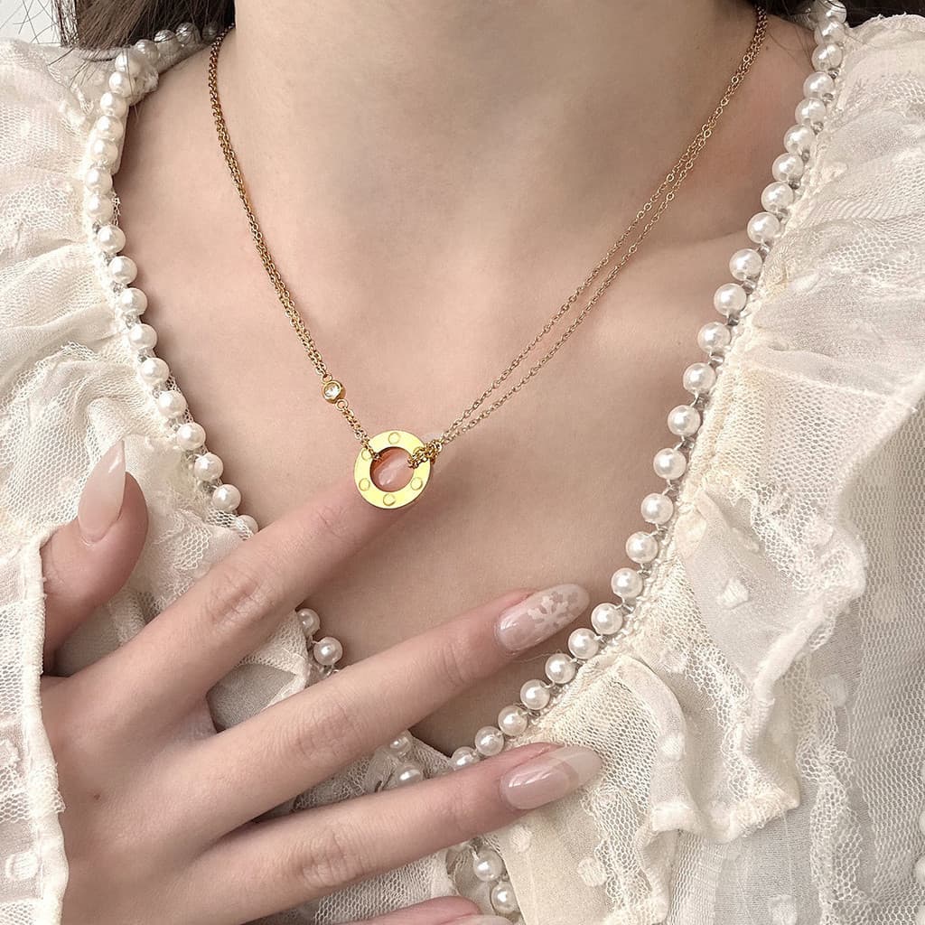 Mi banhado a ouro V casal anel duplo bolo colar amor clavícula corrente diamante versão Original