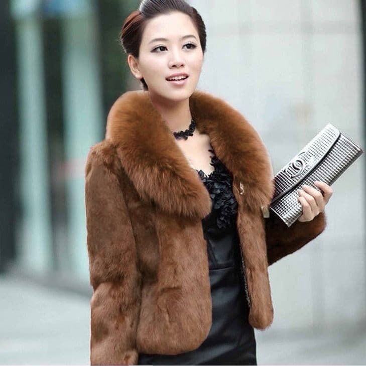 Luxo Imitação Rex Coelho Pele Casaco Feminino Curto Inverno Artificial Raposa Colarinho Jaqueta
