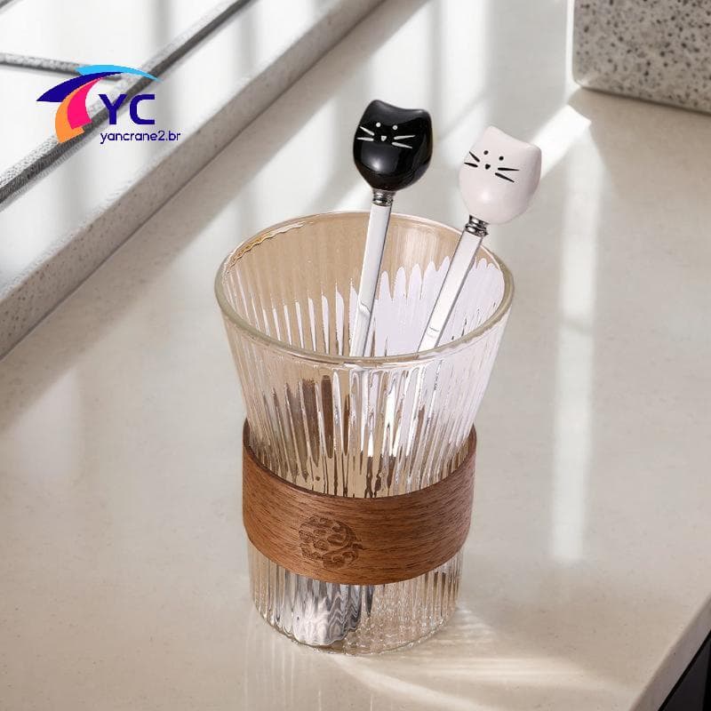 YCBR Colher De Cerâmica De Desenho Animado E Branca Para Gato Sorvete Café De Aço Inoxidável .