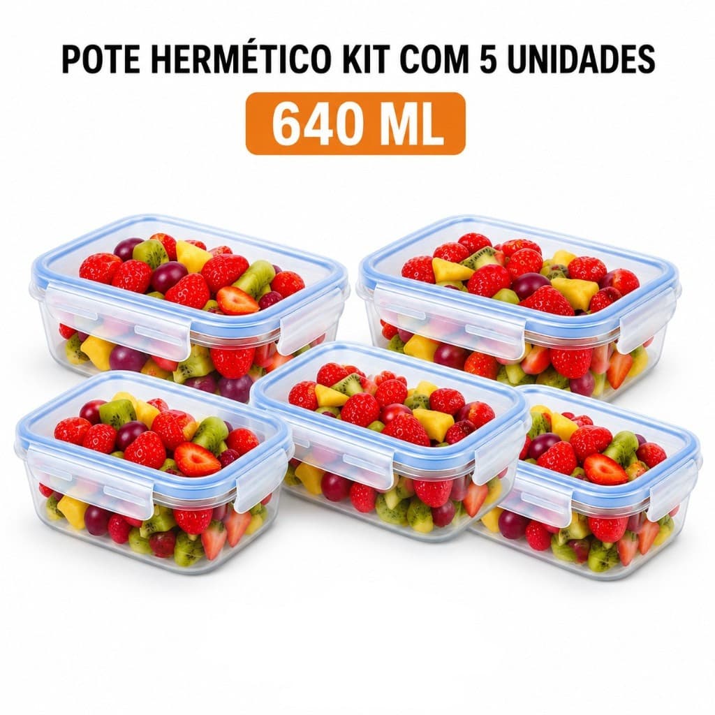 Kit 5 Potes de Vidro Borossilicato 640ml Hermético Retangular 4 Travas Marmita Microondas