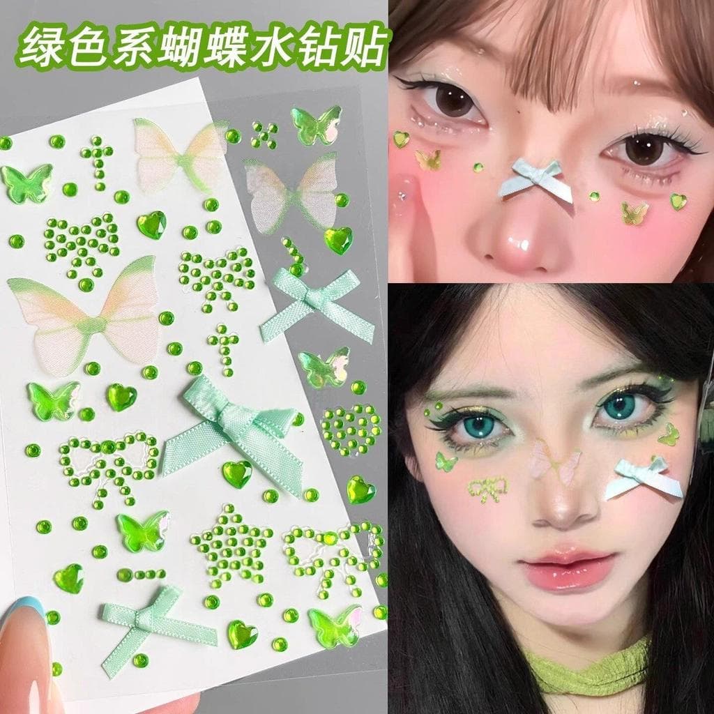 Wang Yuan concerto suporte maquiagem fita verde arco amor coração adesivos diamante rosto adesivos strass brilhante diam