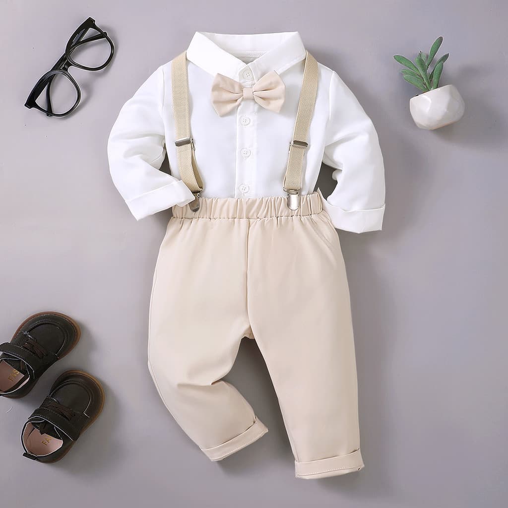 [6M-3a] Conjunto De 2 Peças De Roupa Formal Estilo Britânico Para Bebês Meninos , Camisa De Gola De Manga Comprida Com G