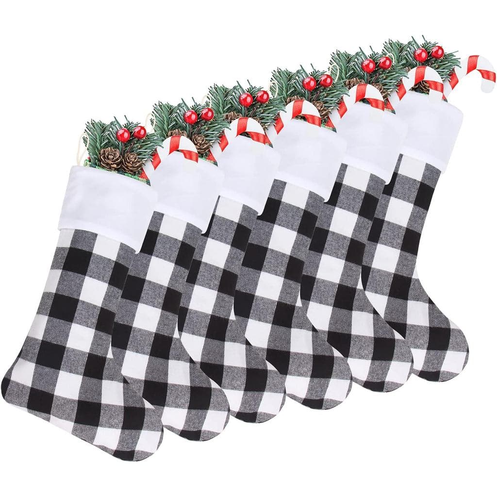 Meias de Natal em Estampa Xadrez Buffalo DIYASY, Pacote com 6 Meias Grandes de 18 Polegadas em Xadrez Preto e Branco