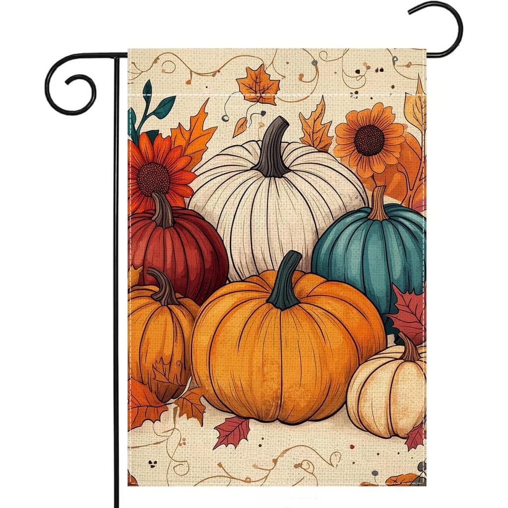 Bandeira de Jardim de Abóbora de Outono 12x18 Polegadas, Dupla Face, com Folhas de Ação de Graças e Girassol, para Decor