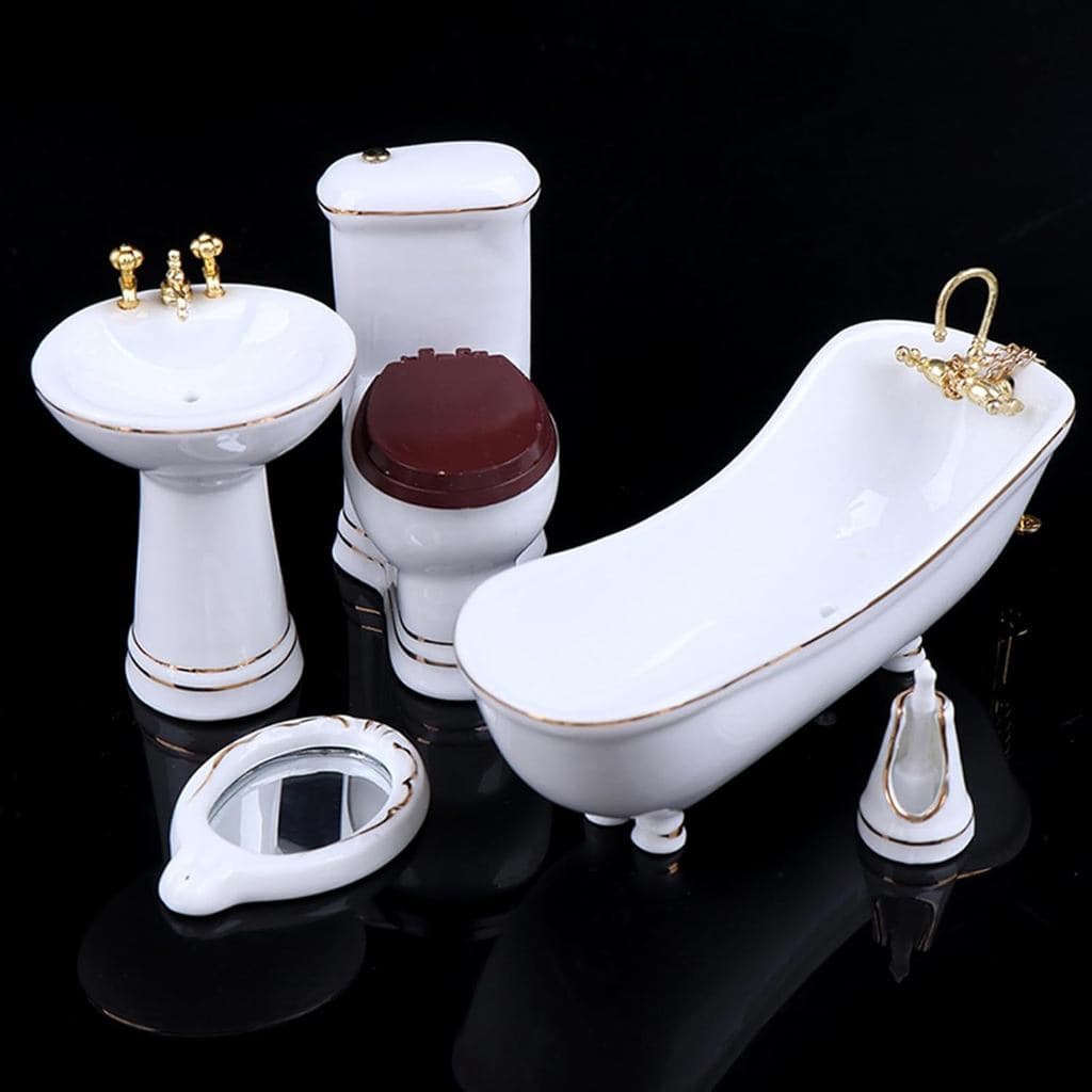 Conjunto de Banheiro em Porcelana para Casa de Bonecas 1:12, 5 Peças, Cerâmica Branca, Vaso Sanitário, Pia, Banheira, Es
