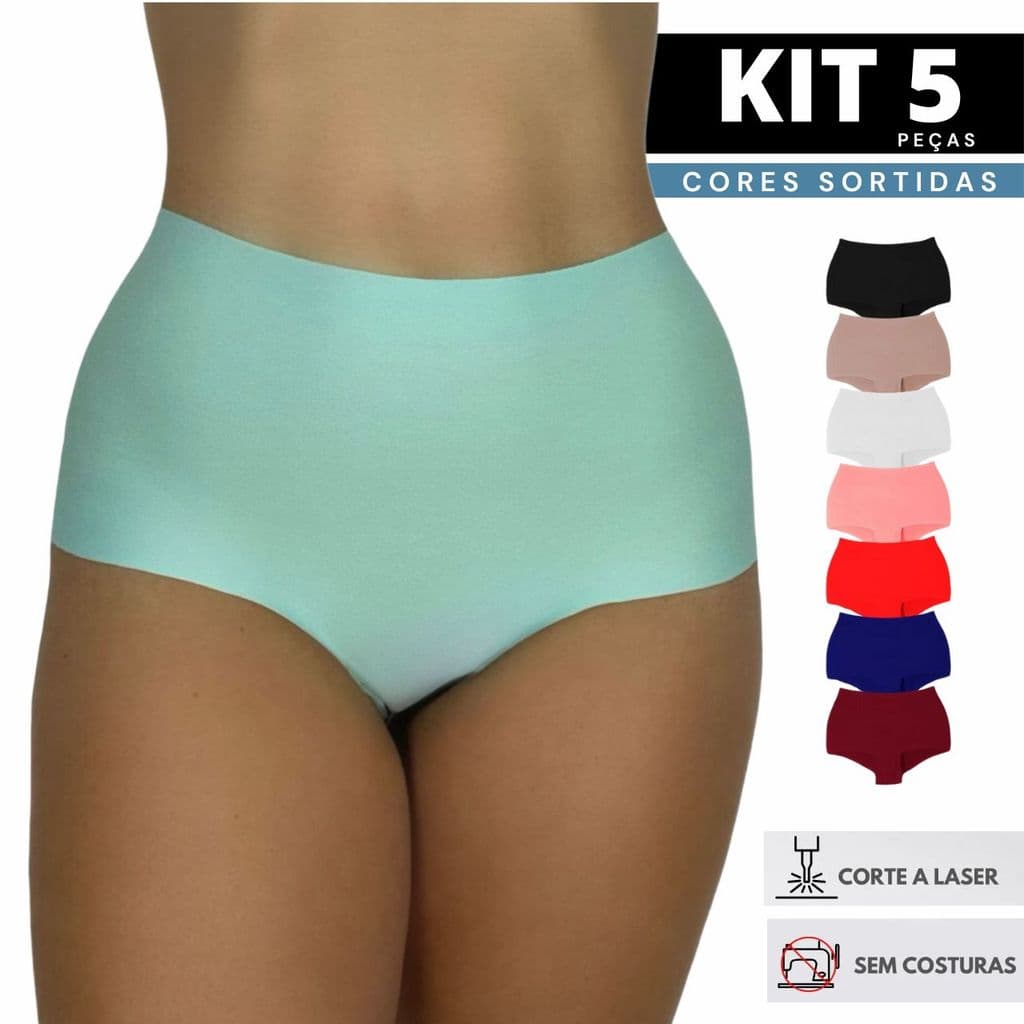 Kit 5 Calcinha Sem Costura Box Laser Feminina Cós Alto Não Enrola Nem Embola Romantic PROMOÇÃO Bia