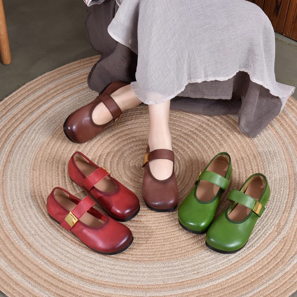 Outono novo estilo de couro genuíno sapatos boca rasa Retro fivela plana cinta sola macia Casual All-Match plana Boken
