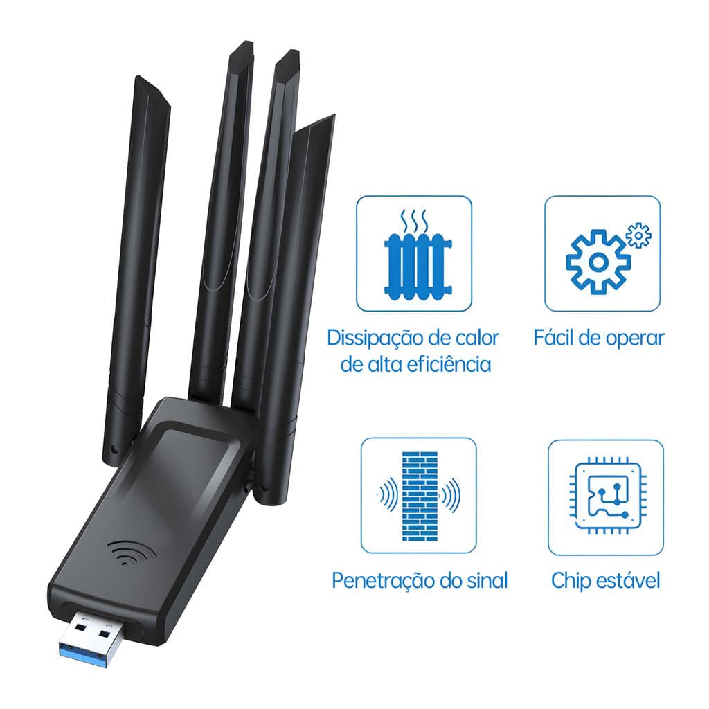 Mini Adaptador WiFi Dongle USB3.0 1300Mbps Dual Band 2.4GHz/5GHz PC Notebook Sem Fio 2 Antenas XIMING