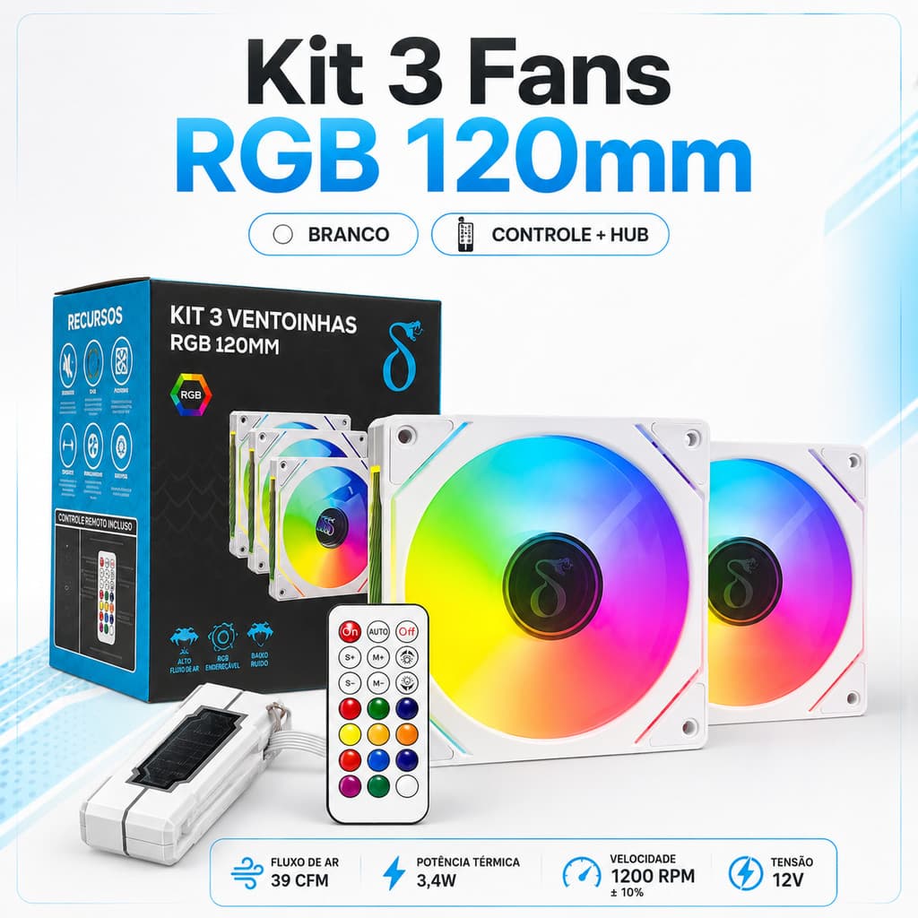 Kit 3 Ventoinha Cooler Fan RGB ARGB 120mm Branco com Controle e Controladora Hub - Delta