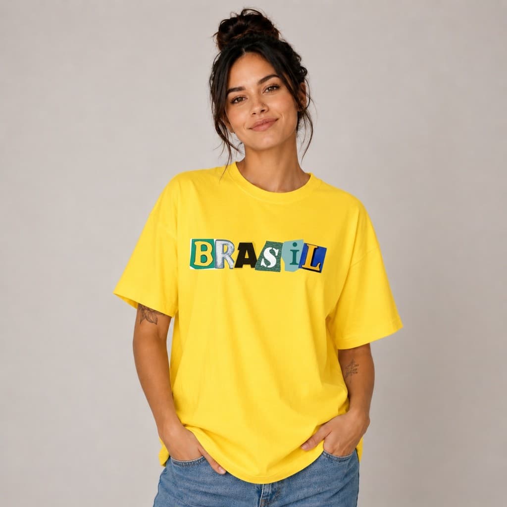 Camiseta Feminina Algodão 100% Estampada Recortes Brasil Colorido Copa do Mundo Torcida Camisa Casual Básica Passeios