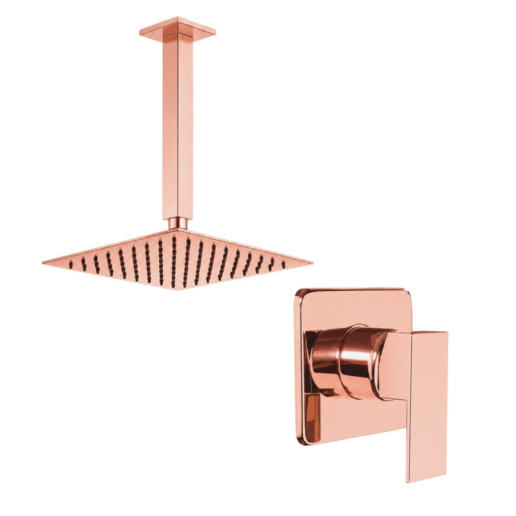 Kit Ducha Quadrada 20x20 Slim Ultra Fina de teto + Acabamento para registro Monocomando base Docol Rose-Gold Brilhante