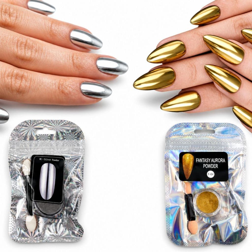 kit 2 Pó cromado para unhas efeito metálico prata e Dourado