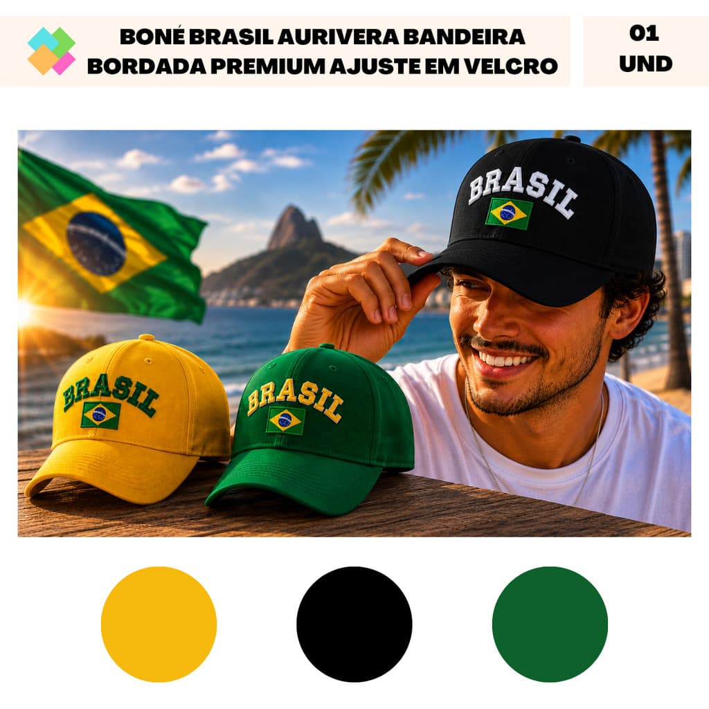 Boné Brasil Aurivera Bandeira Bordada Premium com Ajuste em Velcro (1 Und)