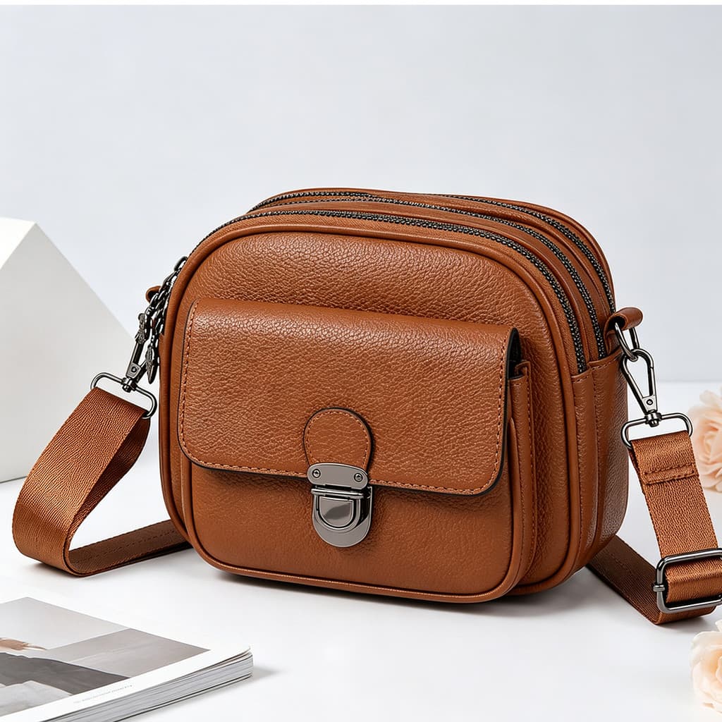 Bolsa transversal feminina couro sintético com multiplos compartimentos fecho metal alça regulável amplo espaço