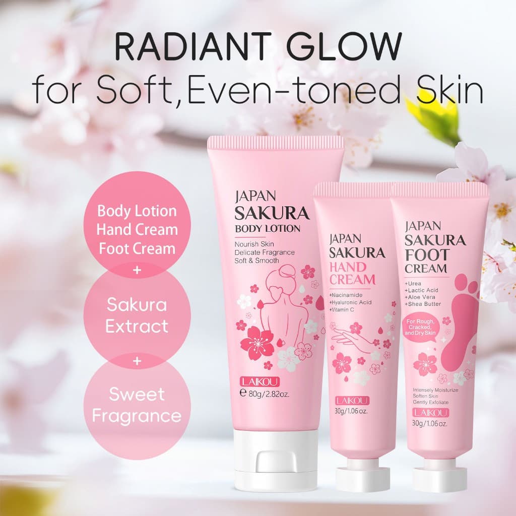 Conjunto de Cuidados Corporais LAIKOU Sakura: Loção Corporal, Creme para Mãos e Creme para Pés Hidratante com Niacinamid