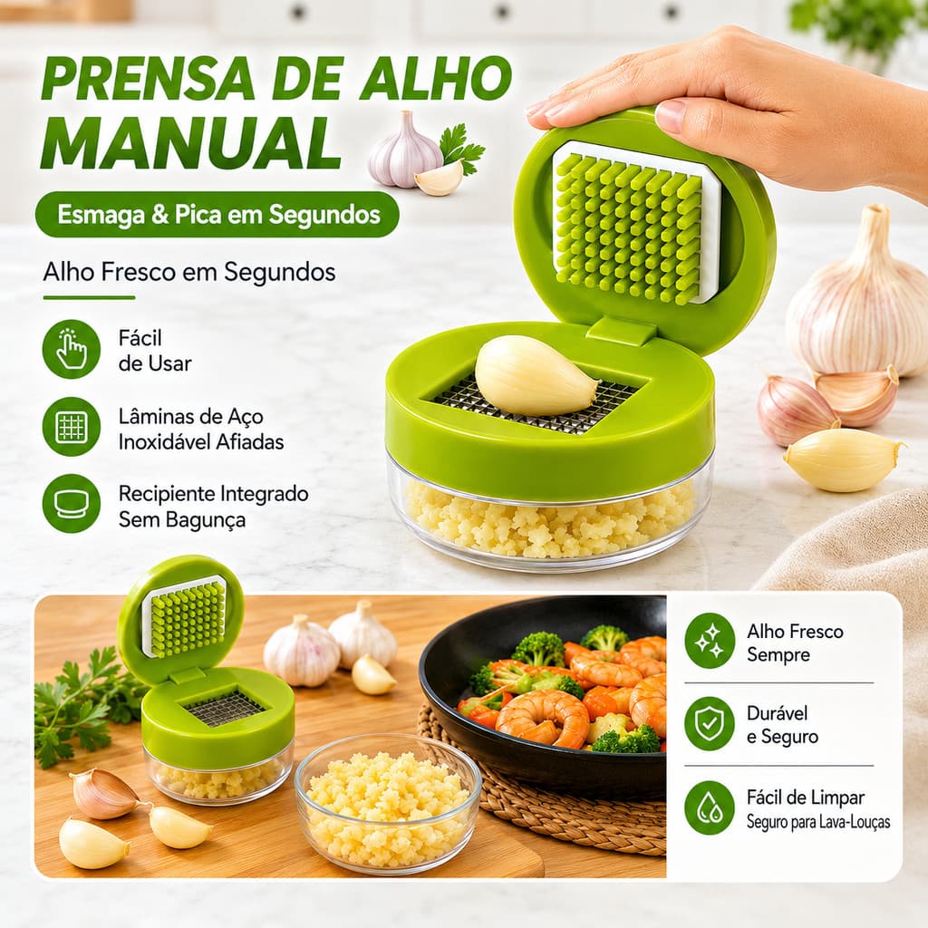 Prensa e Picador de Alho em Aço Inoxidável - Ferramenta de Cozinha Multifuncional com Caixa de Armazenamento, Mini Picad