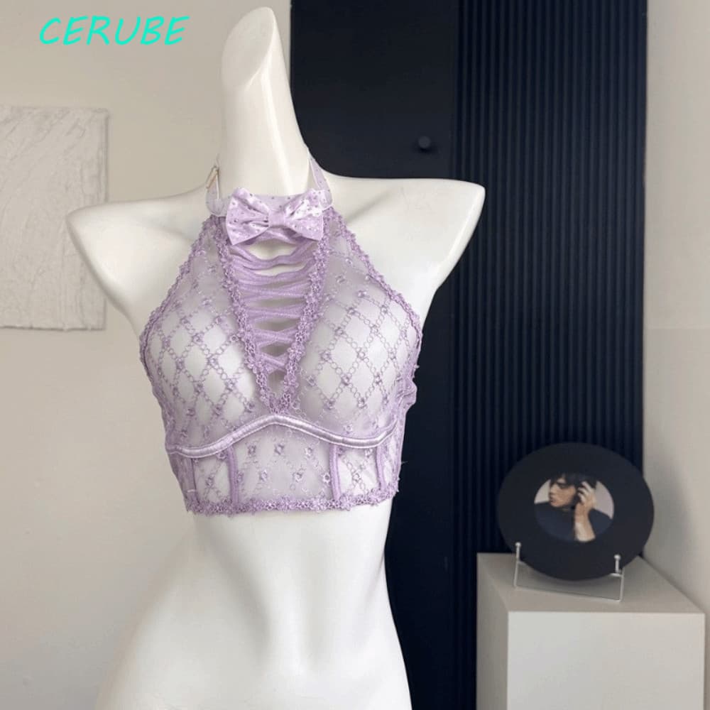 Sutiã CERUBE Halter , De Renda Elegante Com Tiras E Laço , Corte Justo Strass Doce Camada Transparente