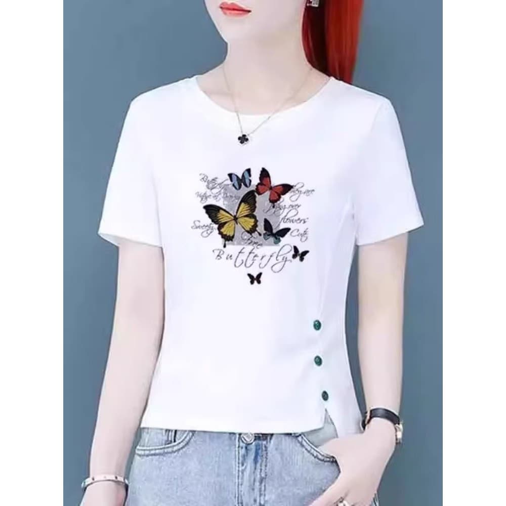 Cor de manga curta camiseta feminina 2024 novo estilo vestido de verão versão coreana solto Irregular All-Match curto ca