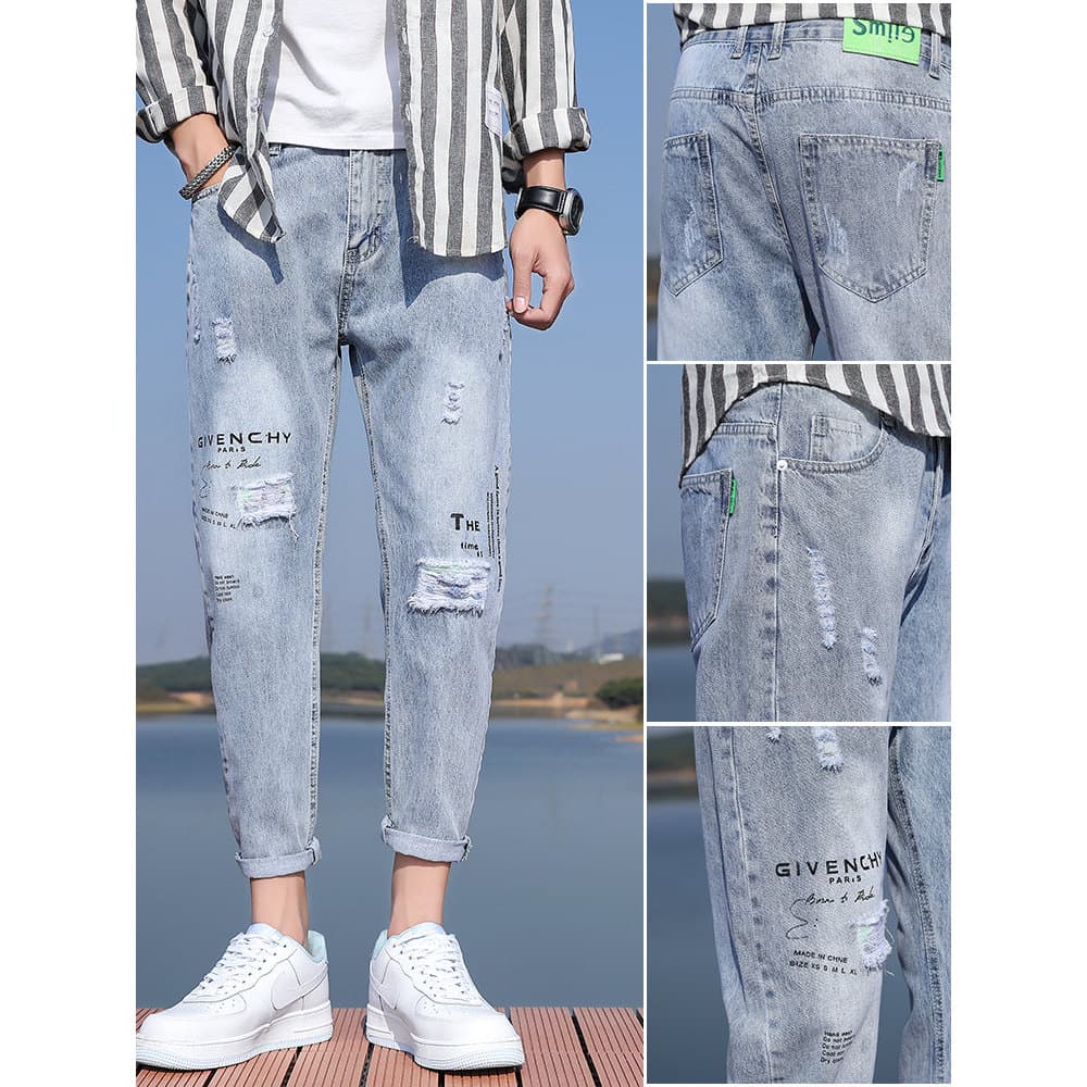 2026 novo estilo High street rasgado Jeans masculino verão estilo fino solto em linha reta street Wear calças de verão e