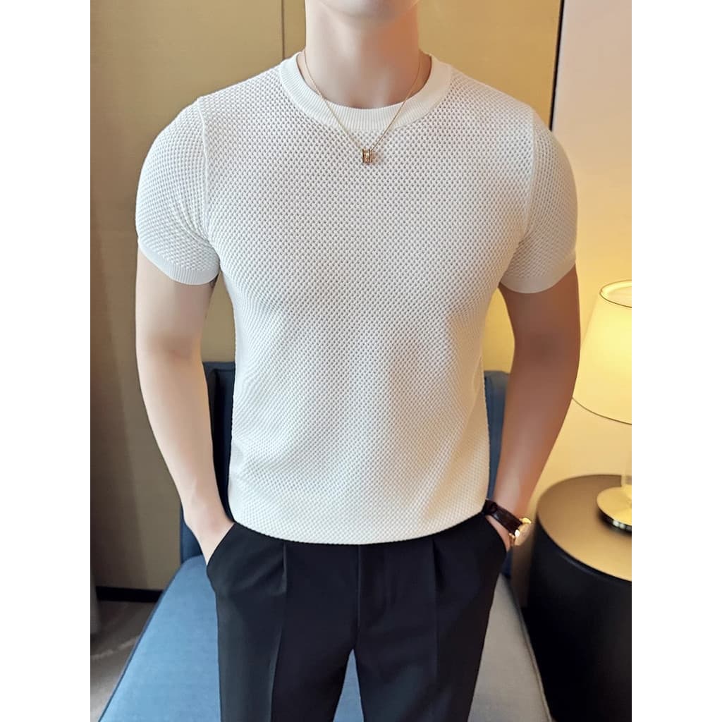 Verão abacaxi padrão malha manga curta camiseta em torno do pescoço respirável meia manga Casual oco