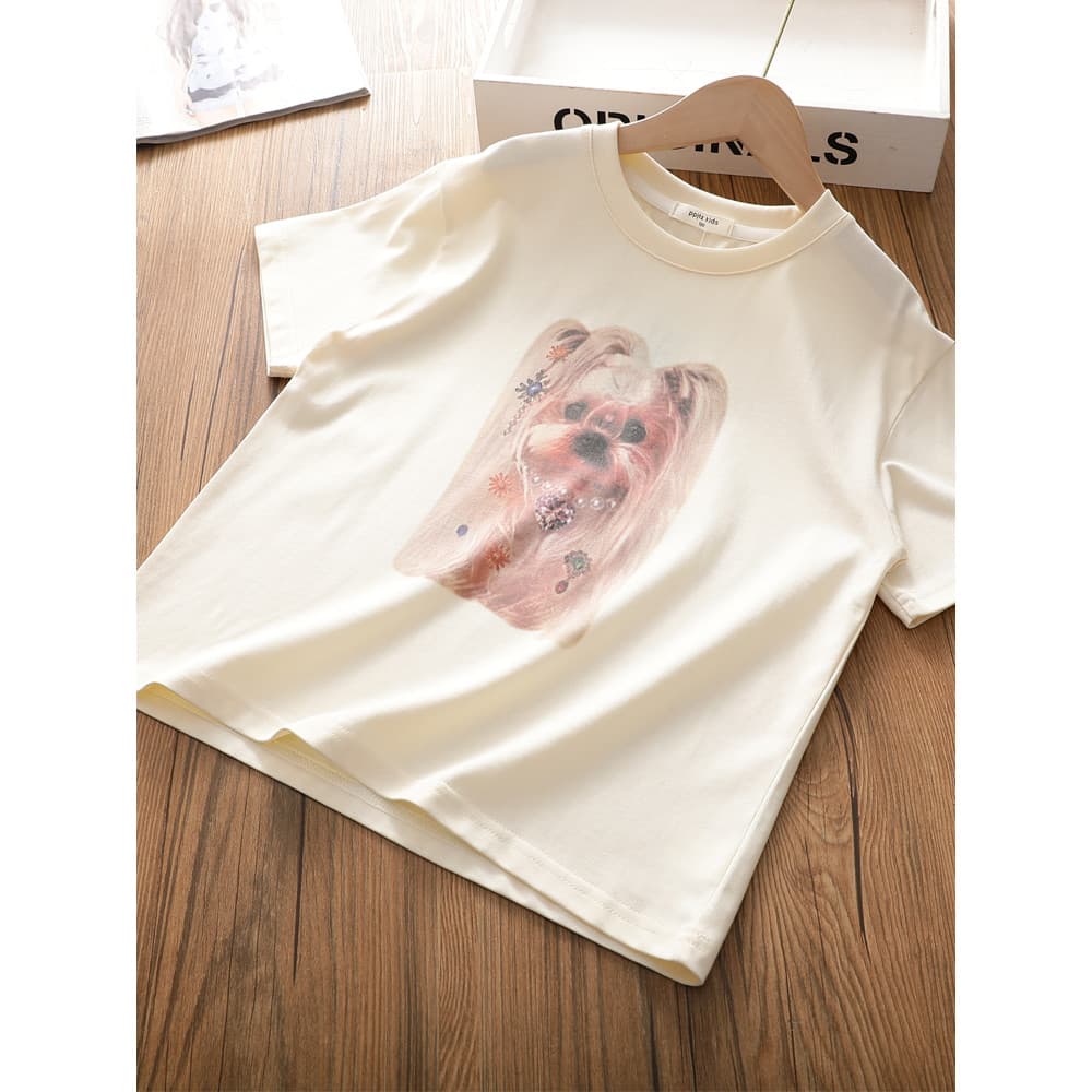 Meninas puro algodão verão novo estilo de manga curta camiseta médio grande crianças estilo ocidental impressão Digital
