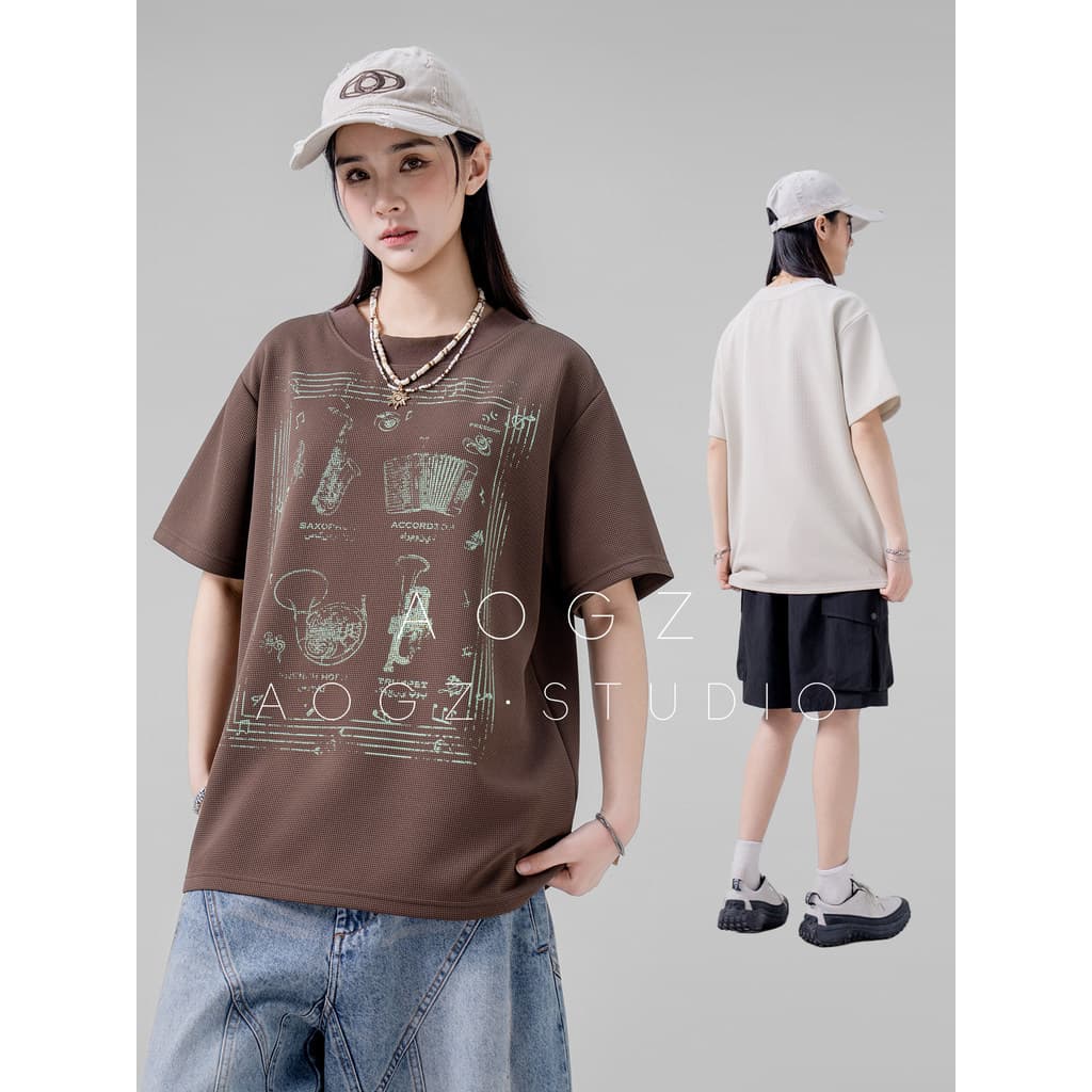 AOGZ americano impresso camiseta de manga curta das mulheres dos homens verão 2026 novo estilo Street Wear vintage Waffl