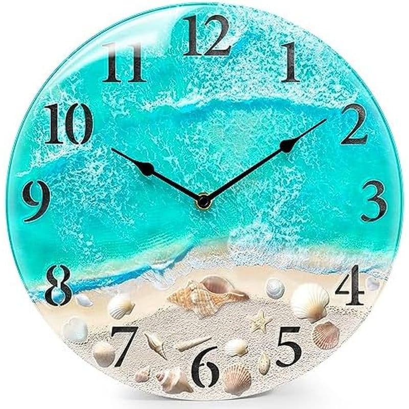 Relógio de parede de vidro náutico Coast, Design de concha e tema de estética de praia - decoração de parede silenciosa