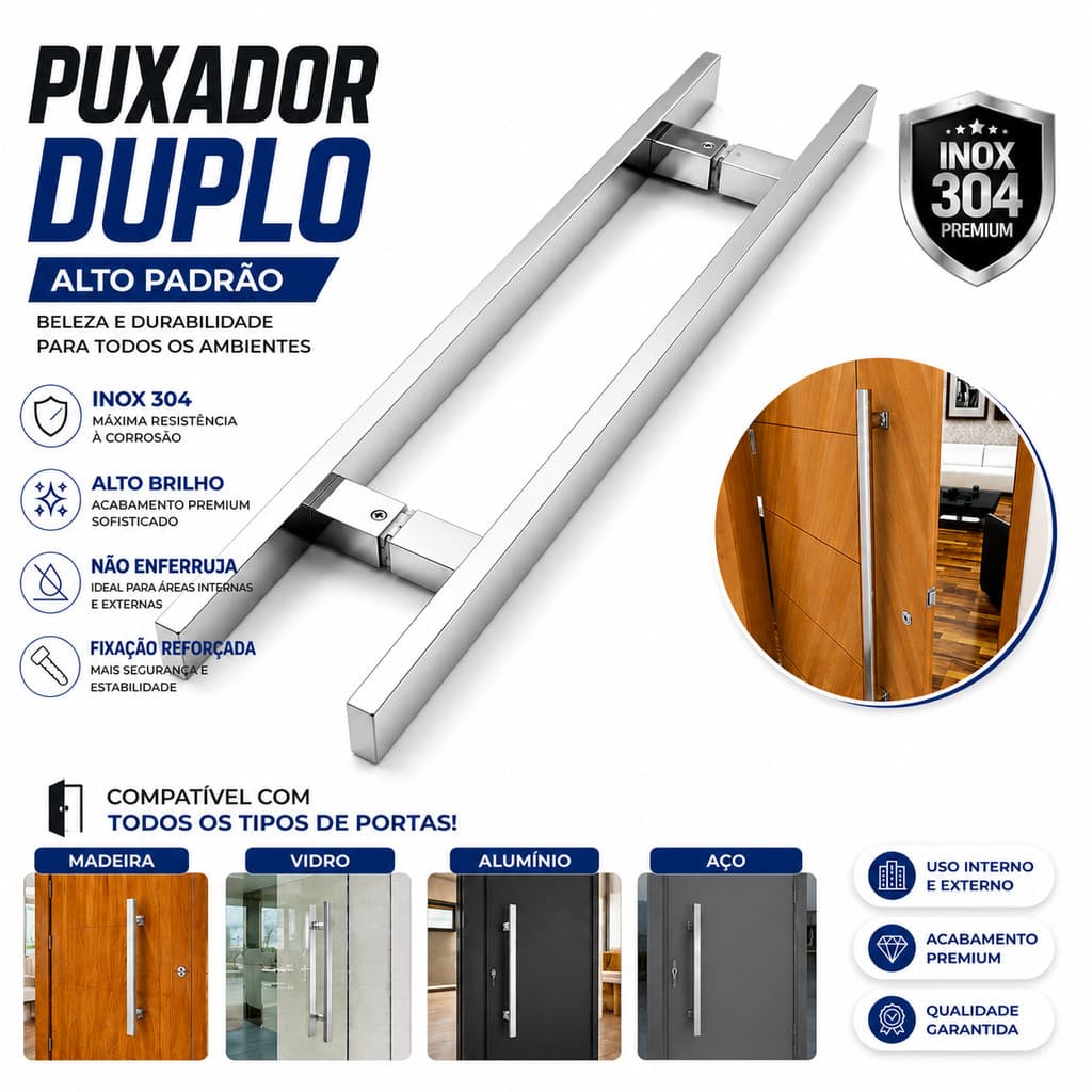 Puxador 80cm Inox 304 Duplo Premium Barra Larga Polido Alto Brilho p Porta Pivotante Vidro/Madeira