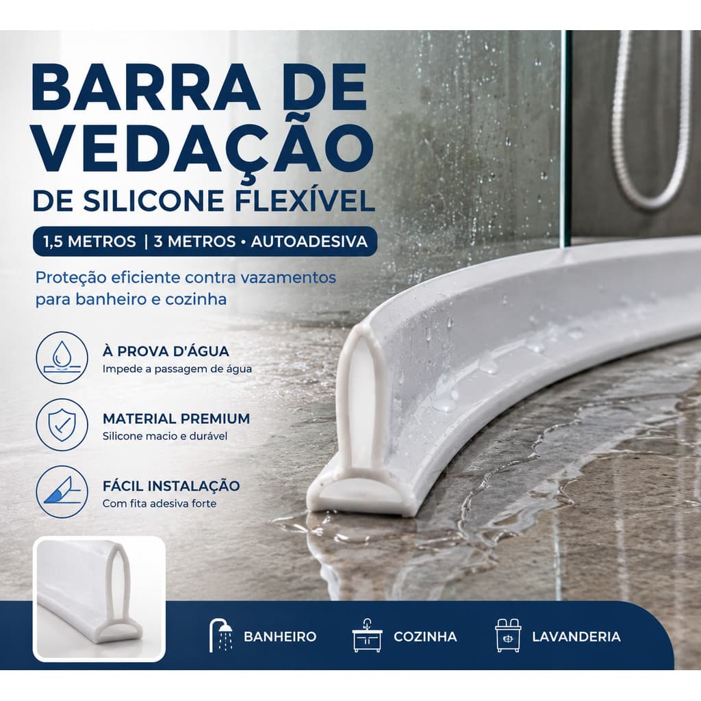 Barreira de Água de Silicone Autoadesiva para Box Banheiro Cozinha Vedação Impermeável Flexível Anti Vazamento