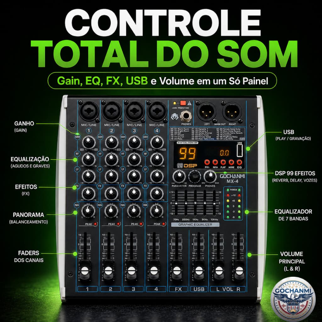 Mixer de Áudio MX4 Compacto Com Bluetooth USB 99 DSP Para Eventos