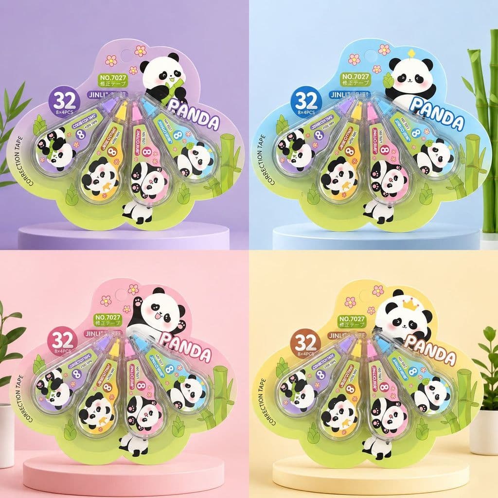 Kit 4 Corretivos Fita Branca Panda Kawaii Correção Rápida Estudante