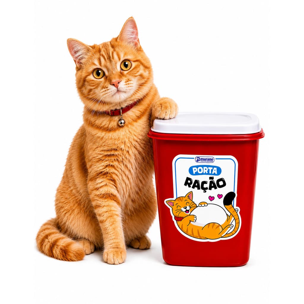 Porta Ração Pet 6L Com Tampa Hermética Gato Vermelho