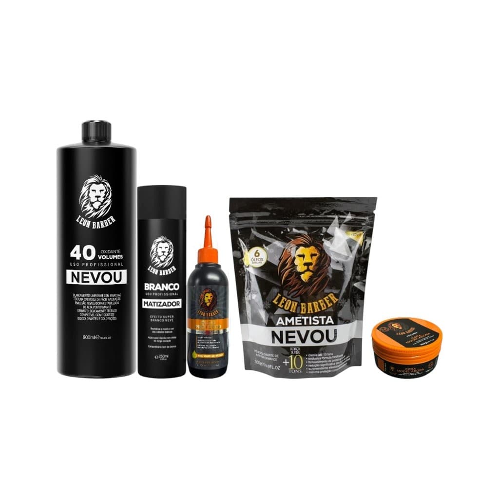KIT Pó descolorante Ametista + água Oxigenada 40 + Óleo protetor Matizador + Cera Modeladora Leon Barber