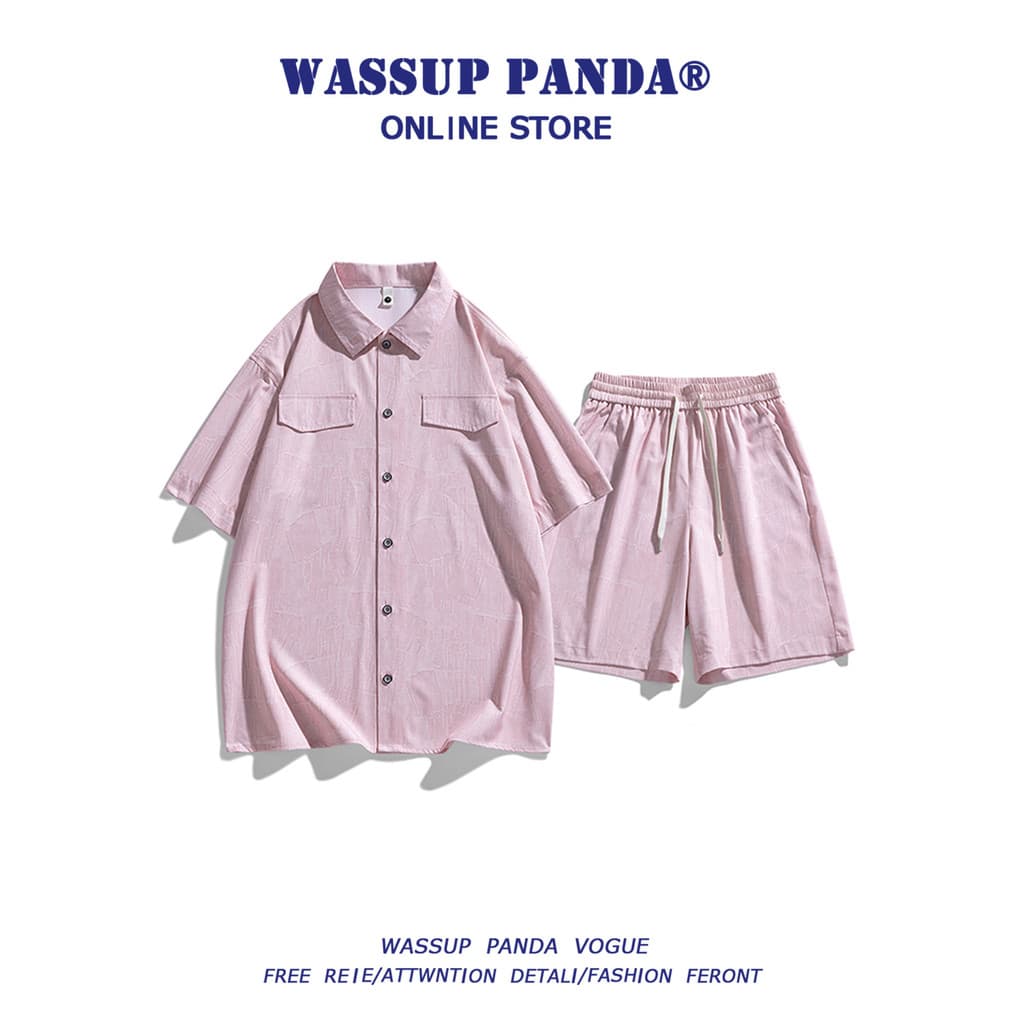 WASSUP PANDA Rosa Camisa de Manga Curta Terno Masculino Verão Novo Estilo Seda Gelo Estilo Fino Casual Esportes Terno de