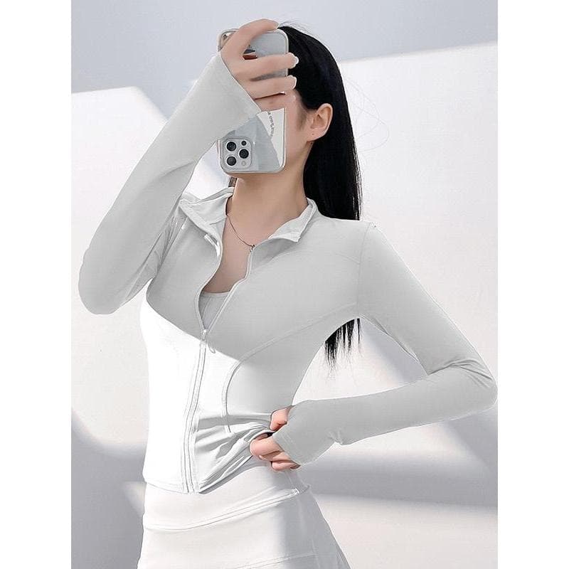 Europeu americano ins jaqueta esportiva feminina magro correndo Yoga Wear topo jaqueta Casual de Fitness manga longa ver