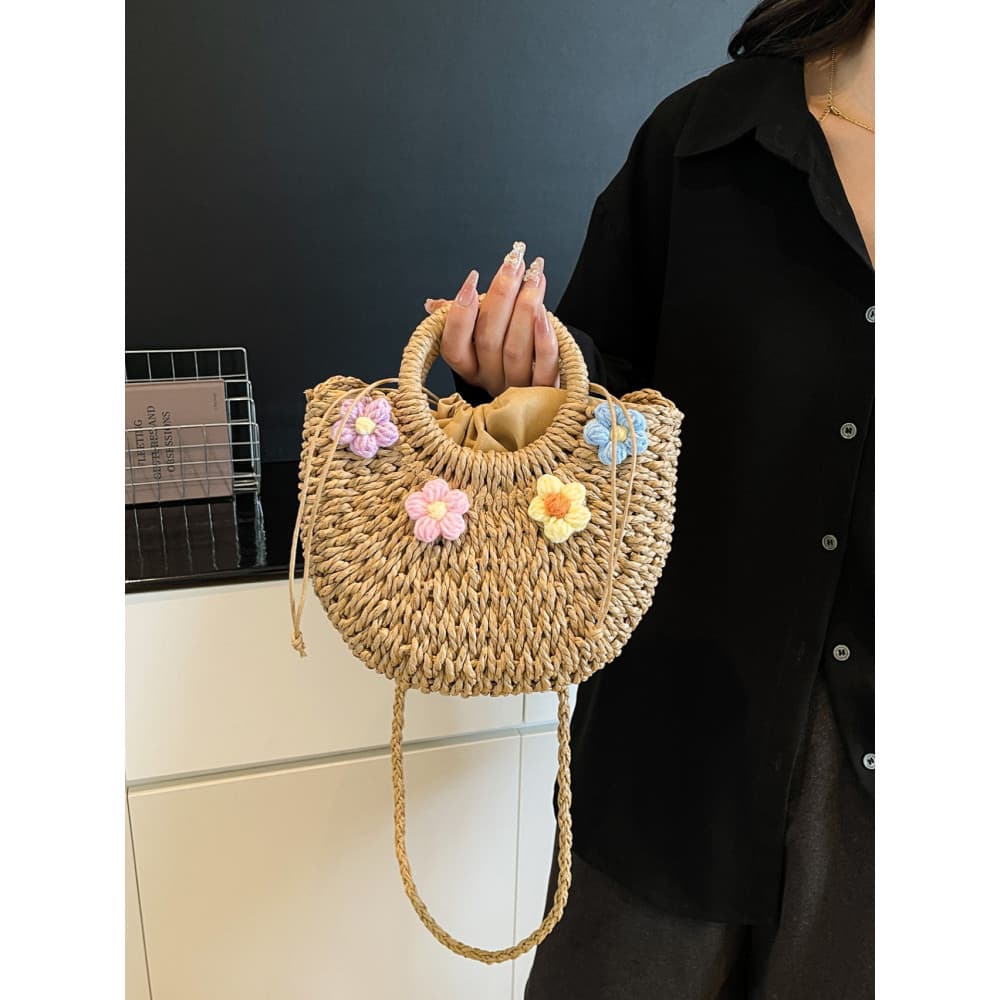 Saco de palha feminino 2025 novo estilo lenço de seda flor bolsa praia cesta vegetal cordão de um ombro tecido saco do m