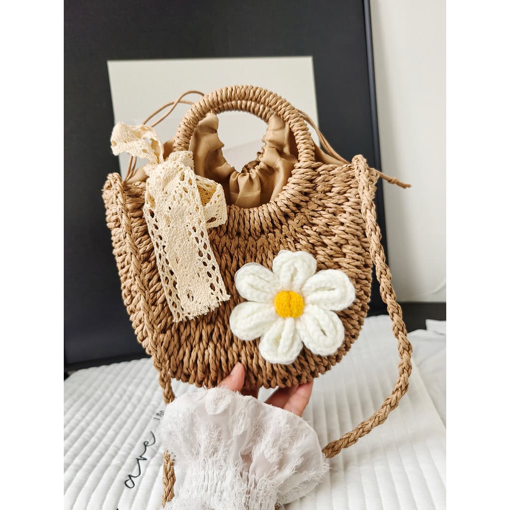 2025 verão novo estilo tecido saco flor férias praia bolsa de ombro semicírculo All-Match fita portátil saco do mensagei