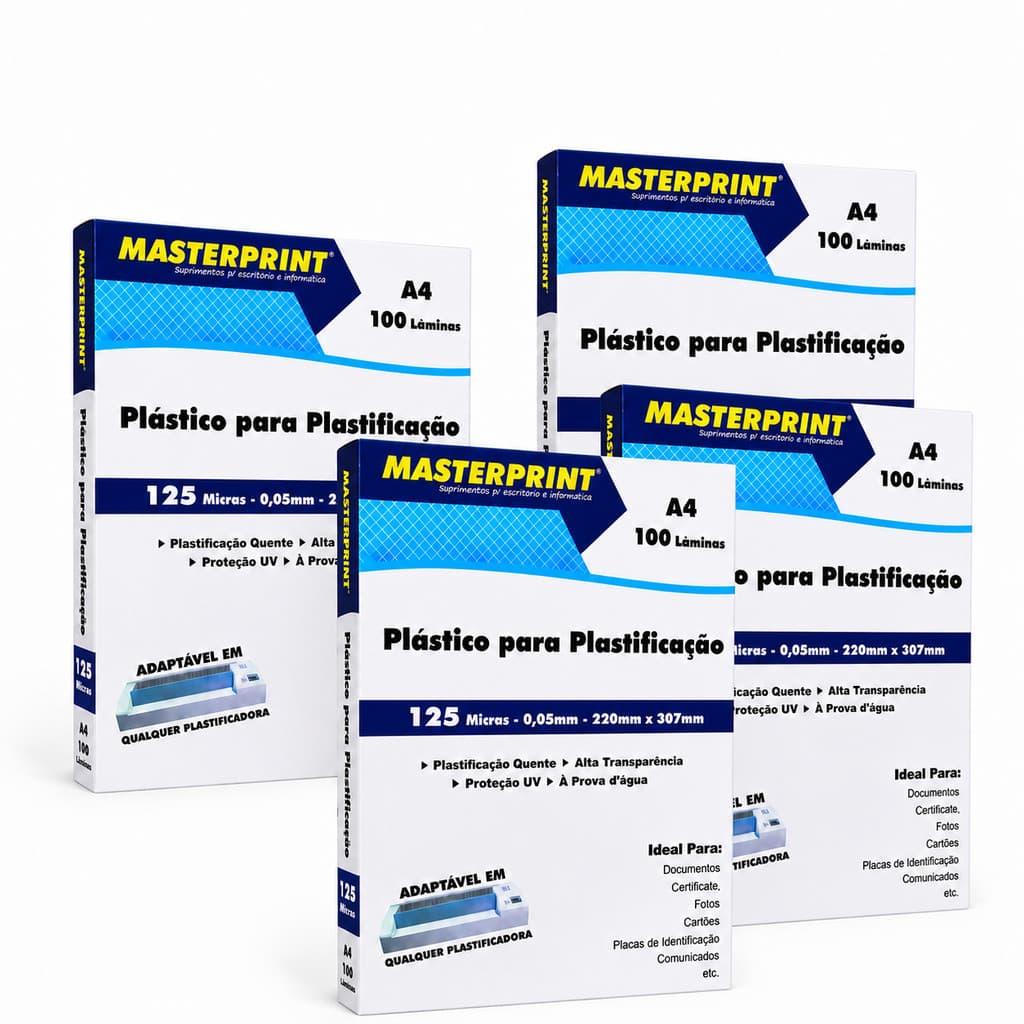 Kit 4 Pacotes Plástico Plastificação A4 Masterprint 125 Micras 400Lâminas Alta Transparência UV