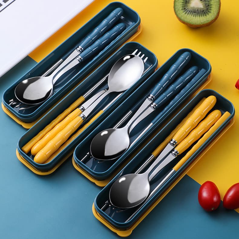 Conjunto de Talheres Portátil em Aço Inoxidável para Estudantes, Garfo, Colher e Hashis para Uso Externo, Conjunto de Ta