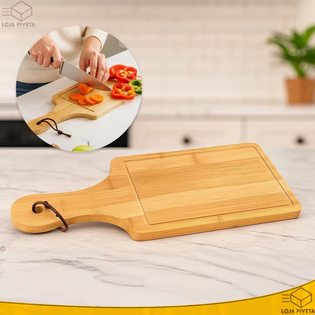 Tábua de Bambu Madeira Lisa Com Alça Para Cortes de Carne Churrasco 34x14cm