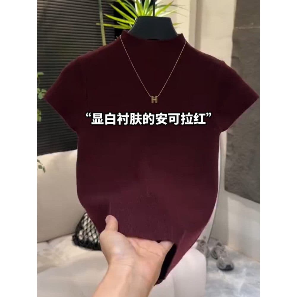 Versão coreana de malha meia gola alta camiseta feminina 2026 primavera verão novo estilo Design de moda nicho estilo oc