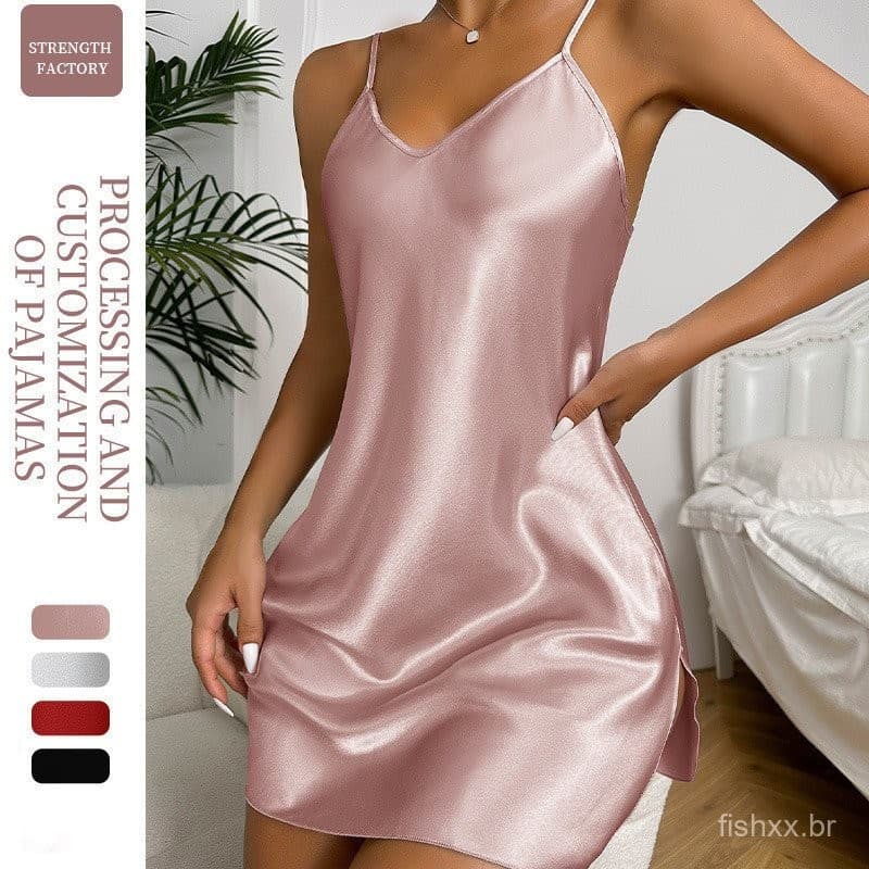 Camisola de Seda para Mulher, Robe Feminino, Pijama Curto Sensual, Camisola sem Alças, Estilo Europeu e Americano, Moda
