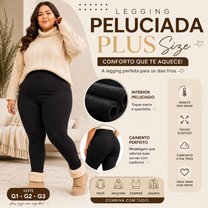 Legging Peluciada Feminina Plus Size Cintura Alta Inverno Quentinha G1 G2 G3 |1206| Oferta