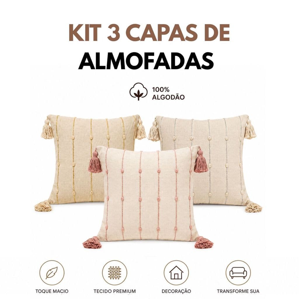 Trio Capa Almofadas 45x45cm  Lona Panamá Fios Rose Prata Dourado Decorativas Luxo Elegante Moderna
