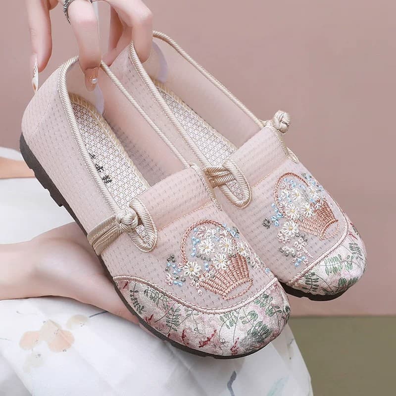 Verão novo estilo velho pequim sapatos de pano feminino malha sola macia confortável bordado estilo étnico antiderrapant