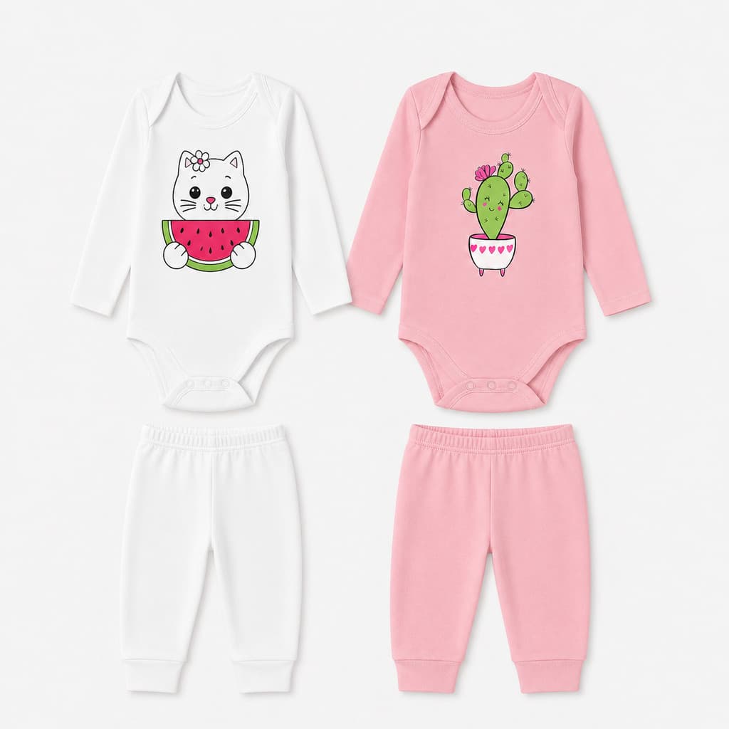 Kit 4 Peças para Bebê Body Manga Longa e Calças Sortidas